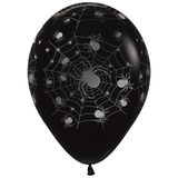 A pack of 25 12 inch Halloween Metallic Spider Black Latex Balloons, manufactured by Sempertex.