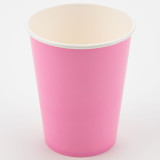 A pack of 8 bubblegum pink paper cups, manufactured by Oaktree. A pack of 8 bubblegum pink paper cups, manufactured by Oaktree.