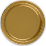A pack of 8 gold paper plates, manufactured by Oaktree. A pack of 8 gold paper plates, manufactured by Oaktree.