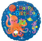 An 18 inch Happy Birthday Octopus Round Foil Balloon, manufactured by Anagram Europe.