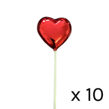 A pack of 10 shiny red heart picks.