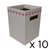 A pack of 10 white with pink hearts flower boxes.