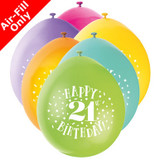 A bag of 10 neck up assorted 9 inch Happy 21st Birthday latex balloons, manufactured by Unique.