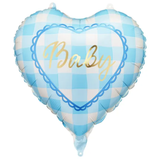 An 18 inch Baby Light Blue Tartan Heart Foil Balloon, manufactured by PartyDeco.