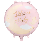 An 18 inch Welcome Baby Moon Pink Foil Balloon, manufactured by PartyDeco.
