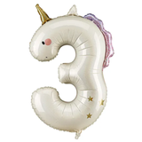 A 37 inch Unicorn Holo Number 3 Foil Balloon, manufactured by PartyDeco.