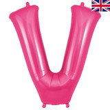 A 34 inch Oaktree Pink Letter V Foil Balloon, manufactured by Oaktree.