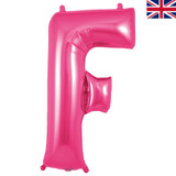A 34 inch Oaktree Pink Letter F Foil Balloon, manufactured by Oaktree.