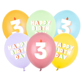A pack of 6 12 inch Happy Birthday Age 3 Bright Pastel Latex Balloons, manufactured by PartyDeco.
