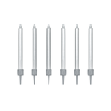 A pack of 6cm Plain Silver Birthday Candles, manufactured by Party Deco.