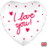 An 18 inch I Love You Pink Script Heart Foil Balloon, manufactured by Oaktree.