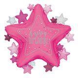 A 22 inch Glitz Pink Star Happy Birthday Foil Balloon, manufactured by Unique.