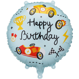 An 18 inch Happy Birthday Racing Cars Foil Balloon, manufactured by PartyDeco.