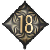 An 18 inch Black & Gold Age 18 Diamond Foil Balloon, manufactured by PartyDeco.