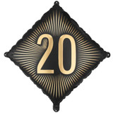 An 18 inch Black & Gold Age 20 Diamond Foil Balloon, manufactured by PartyDeco.