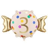 A 24 inch Age 3 Candy Shape Foil Balloon, manufactured by PartyDeco.