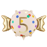 A 24 inch Age 5 Candy Shape Foil Balloon, manufactured by PartyDeco.