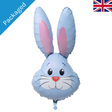 A 35 inch light blue cute rabbit head foil balloon, manufactured by Oaktree.
