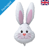 A 35 inch white cute rabbit head foil balloon, manufactured by Oaktree.
