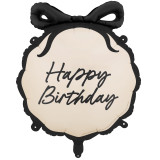 A 19 inch Happy Birthday Black Bow Foil Balloon, manufactured by PartyDeco.