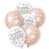 A retail pack of 6 12 inch Rose Gold Happy Birthday Assorted Latex Balloons, manufactured by Unique.