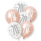 A retail pack of 6 12 inch Rose Gold Number 70 Assorted Latex Balloons, manufactured by Unique.