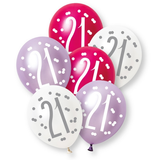 A retail pack of 6 12 inch Pink & Purple Number 21 Assorted Latex Balloons, manufactured by Unique.