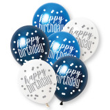 A pack of 6 12 inch happy birthday blue and silver glitz latex balloons, manufactured by Unique.