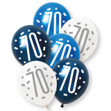 A pack of 6 12 inch 70th birthday blue and silver glitz latex balloons, manufactured by Unique.