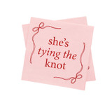A pack of 16 Pink & Red She's Tying The Knot Bow Paper Napkins, manufactured by Hootyballoo.
