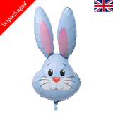 A 35 inch light blue cute rabbit head foil balloon, manufactured by Oaktree.