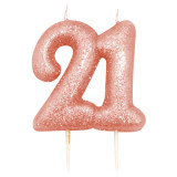 A 7cm Age Twenty One Rose Gold Glitter Candle.