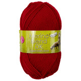 A 50g ball of Merino Blend DK Red Wool, manufactured by King Cole.