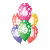 A pack of 6 13 inch Age 6 Cosmic Stars Latex Balloons, manufactured by Gemar.