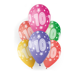 A pack of 6 13 inch Age 10 Cosmic Stars Latex Balloons, manufactured by Gemar.