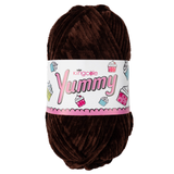 A 100g ball of Yummy Chunky Chocolate Polyester Yarn, manufactured by King Cole.