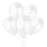 A pack of 25 13 inch Happy Birthday Crystal Clear Latex Balloons, manufactured by Gemar.