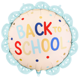 A 21 inch Back to School Scalloped Round Foil Balloon, manufactured by PartyDeco.