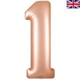 A 34 inch Satin Pastel Rose Quartz Number 1 Foil Balloon, manufactured by Oaktree.