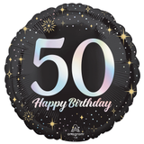 An 18 inch Sparkling 50th Birthday Foil Balloon, manufactured by Anagram.