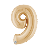 A 26 inch White Gold Number 9 Foil Balloon, manufactured by Grabo