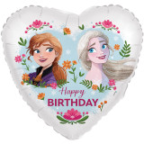 A 19 inch Frozen Anna and Elsa happy birthday heart foil balloon, manufactured by Folat.