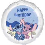 An 18 inch Stitch and Angel happy birthday foil balloon, manufactured by Folat.