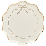 A pack of 8 White & Gold Wavy Edge Bow Paper Plates.