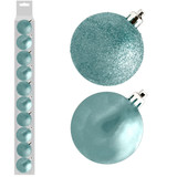 A set of 10 6cm ice blue assorted baubles.