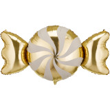A 45 inch gold and beige candy foil balloon, manufactured by PartyDeco.