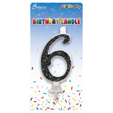 A 6cm black glitter number 6 candle, manufactured by Sensations.