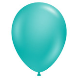 A pack of 50 11" teal latex balloons, manufactured by Tuftex.