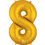 A 34 inch Anagram Gold Number 8 Foil Balloon, manufactured by Anagram.
