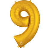 A 34 inch Anagram Gold Number 9 Foil Balloon, manufactured by Anagram.